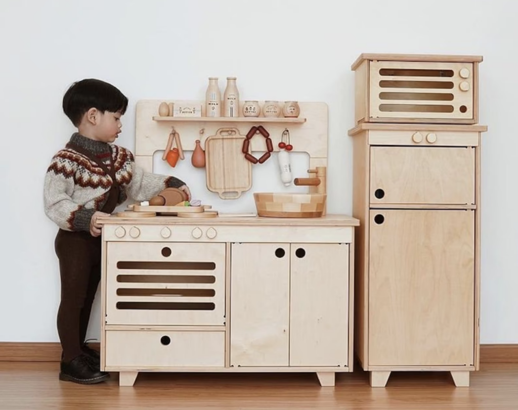 Wooden kitchen, Montessori style play corner